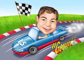 Kid Caricature with racing car www.kalpart.com